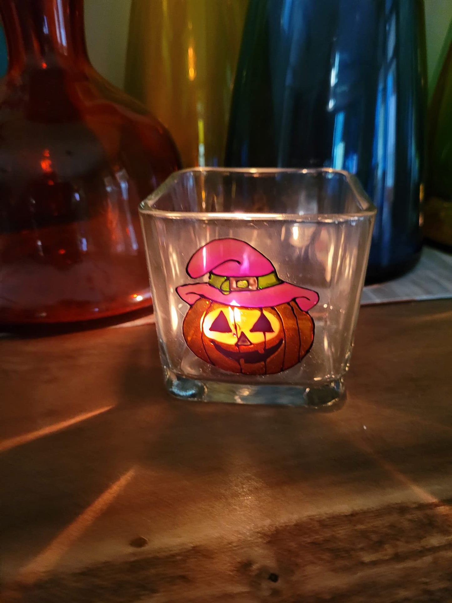 Orange Halloween Pumpkin Hand Painted Stained Glass Square Jack O Lantern Candle Holder