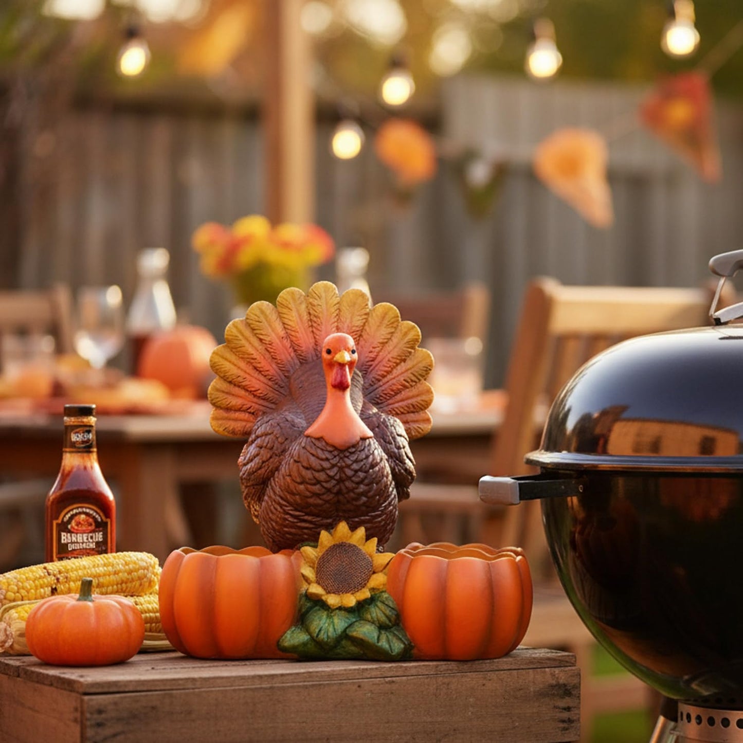 Thanksgiving Turkey Tealight Candle Holder with 3 Pumpkin & Sunflower Decor, Thanksgiving Table Centerpieces Autumn Votive Candle Holder Turkey Figurine for Fall Home Decor