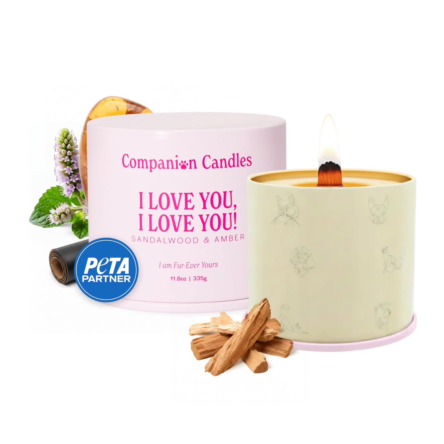 Companion Candles I Love You, I Love You! Pet-Friendly Scented Candle – Sandalwood & Amber Fragrance - Coconut Soy Wax Candle with Wooden Wick, Approx. 50-Hour Burn Time, Made in USA, 11.8 oz