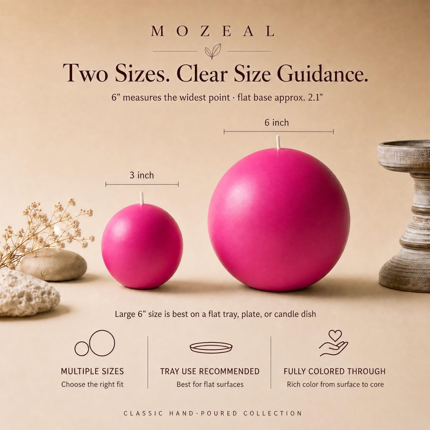 MOZEAL Hand-Poured, 6 Inch Hot Pink Large Round Ball Candles - Elegant Hot Pink Round Pillar Candles, Dripless, Unscented, Smokeless, Ideal for Parties and Celebrations.