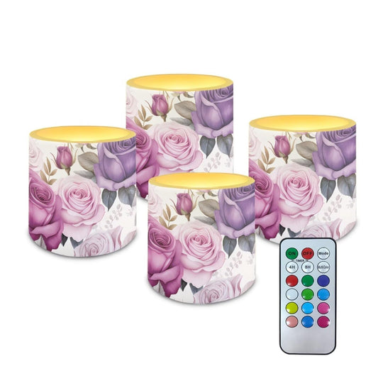 NETILGEN 4 Pieces Flameless LED Pillar Candles with Battery Operated Color Changing Flameless Candles with Timer Remote Purple Rose Flower Wedding Party Decor