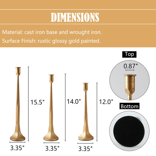 Denique Iron Taper Candle Holder Set of 3, Gold Candlestick Holders Decorative Candle Stand, Tapered Candle Holders Tall Set for Wedding, Dining Table, Home Decoration (Gold)
