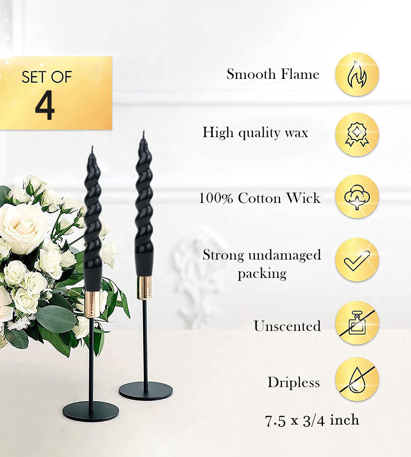LPUSA Black Spiral Taper Candles Handmade Candlestick Candles Wax Unscented Dinner Candle Dripless for Wedding, Dinner, Holiday, Party, Home Decor Set of 4（7.6''Black