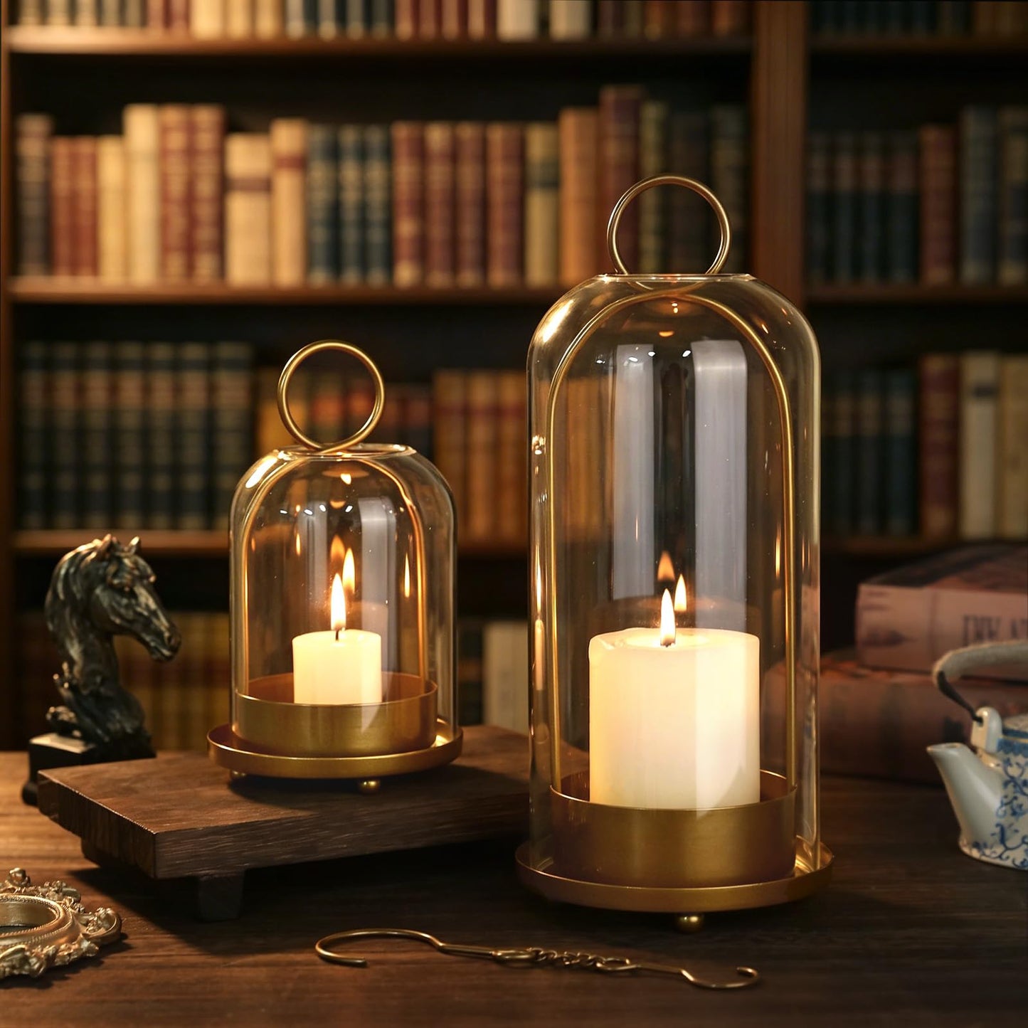5"&4" Hurricane Glass Candle Holder Set - Metal Frame with Glass Chimney, Hanging Brass Metal Candle Holder, Pillar Candle Lantern for Wedding Party Holiday Dining Table Mantel Home Decor