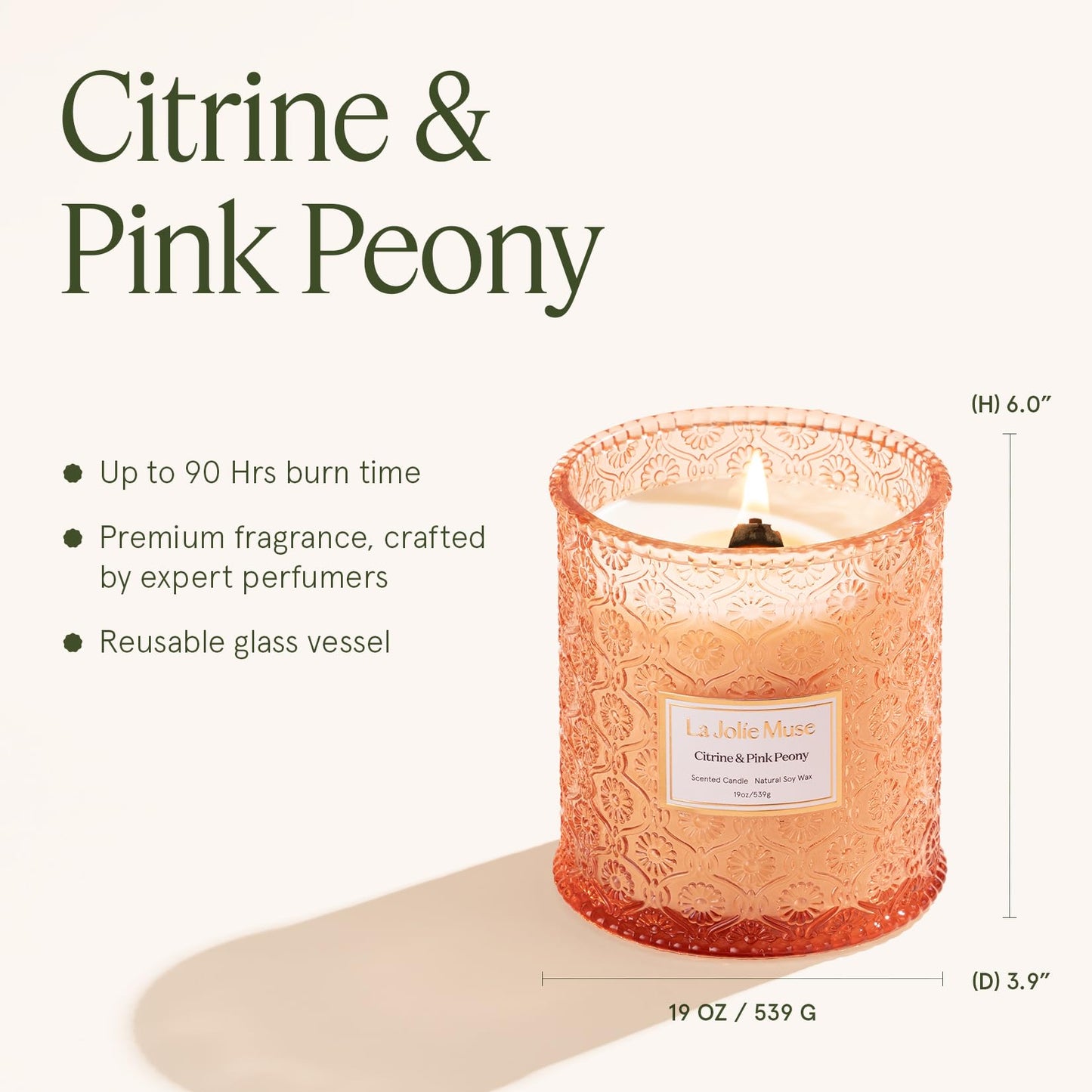 LA JOLIE MUSE Citrine & Pink Peony Scented Candle | Bergamot, Peony & Amber | 19 oz Large Wooden Wick | Natural Soy Wax | 90-Hour Clean Burn | Gift-Ready for Hosts & Gatherings