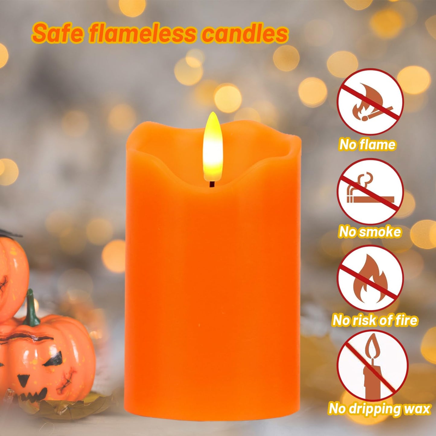 AVEKI Flickering Flameless Candles Set of 3 Orange LED Candle Light with Remote & Timer Battery Operated Electric Pillar Real Wax Candle Dimmable Fake Candles for Home Falll Halloween Decor (Orange)