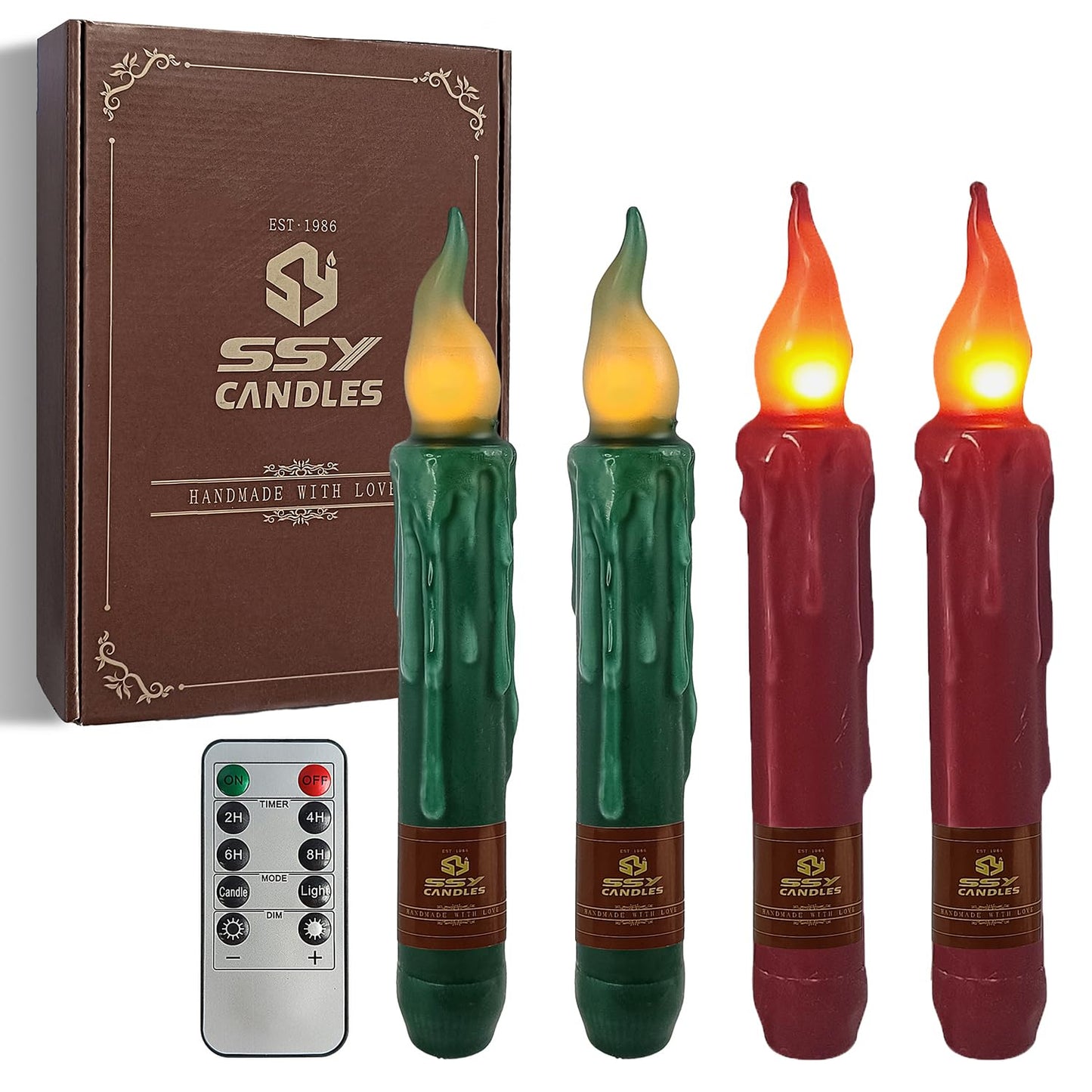 FCMSHAMD Christmas Red Green Flameless Short Taper Candles, Real Wax Hand Dipped LED Battery Operated with Remote, Flickering Flame Lights for Home Décor, 6.7 Inch Primitive Flameless Candles, 4PCS
