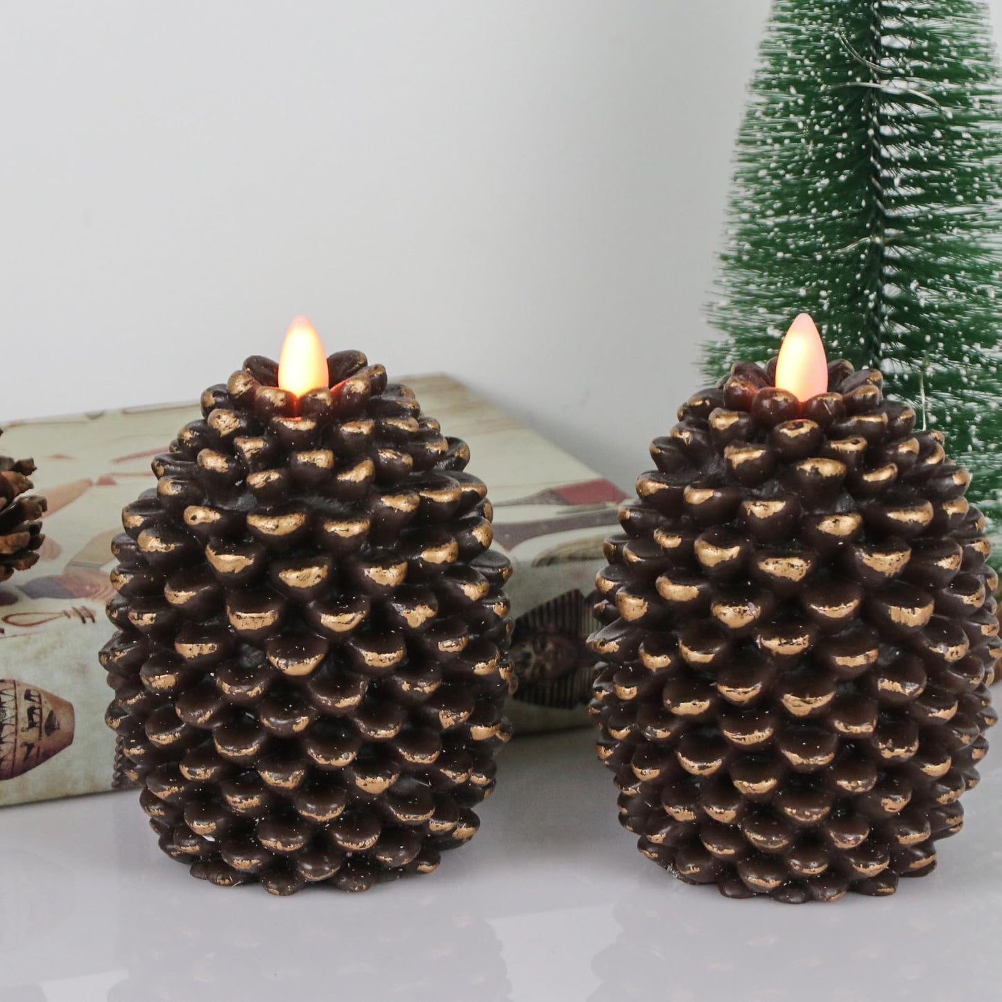 Lasumora LED Flameless Pinecone Candles with 6H Timer, Battery Operated Waxy Pillar Candles, 2 Pack Christmas Candles Flickering Acorn Decor Woodsy Home Décor Christmas Gifts(Brown, 3.5 x 4.7 Inch)