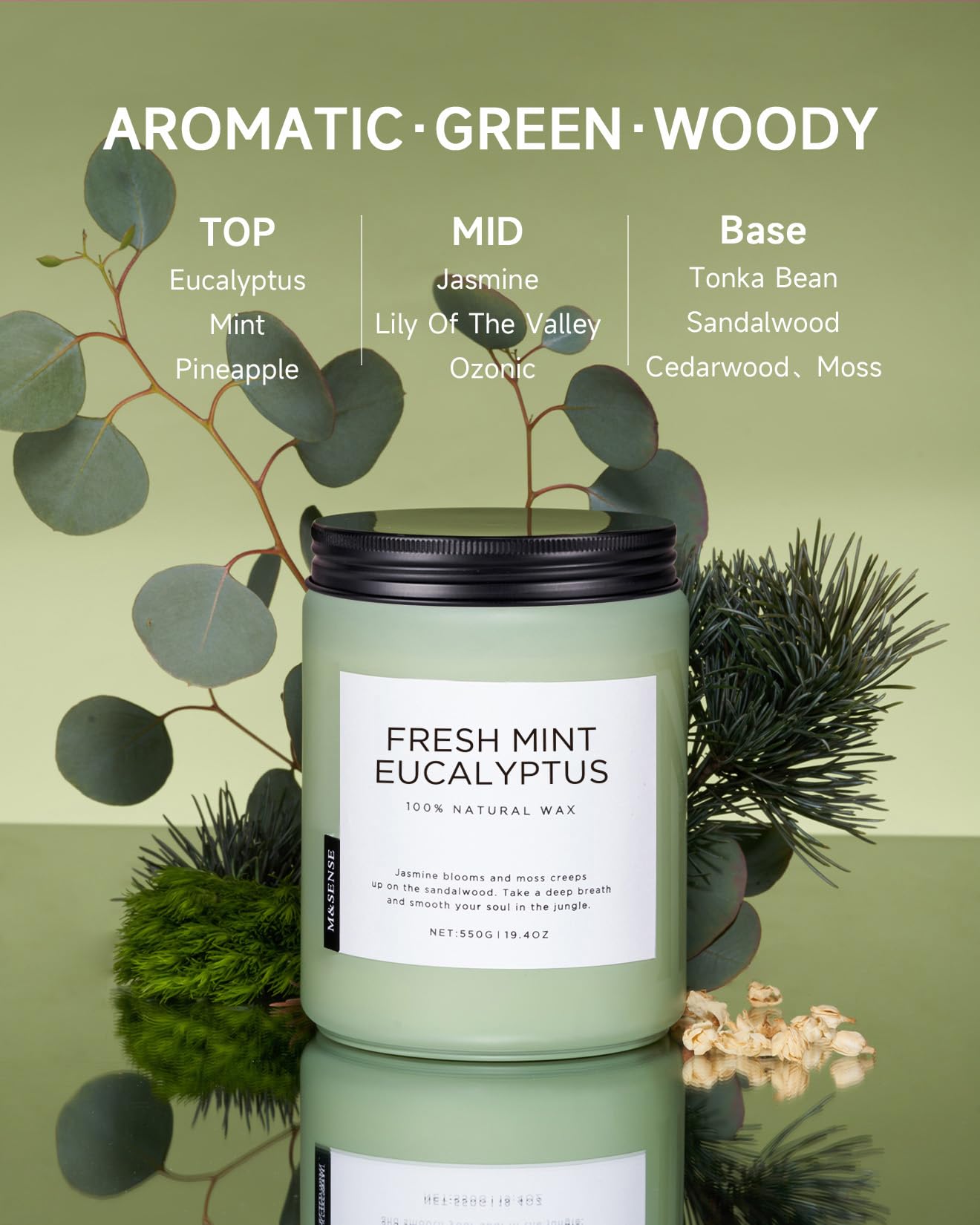 M&SENSE Eucalyptus & Mint Scented Jar Candle, Large 19.4oz Natural Soy Wax, 110-Hour Long Lasting Non-Toxic Clean Burning, Fresh Smelling Home Aromatherapy for Spa Stress Relief, Gifts for Men Women