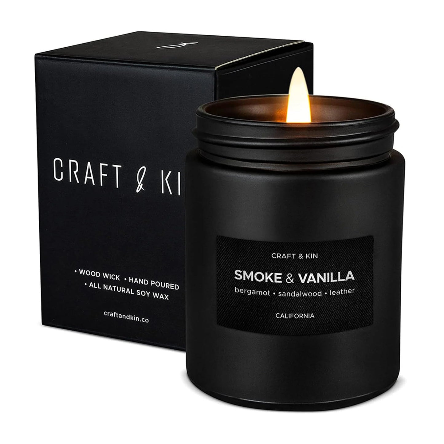 Craft & Kin Premium Smoke & Vanilla Candle | Black Scented Candles for Men | Long Lasting with 45 Hour Burn Time, 7.6oz | Soy Candle | Aromatherapy at Home | Gifts for Men