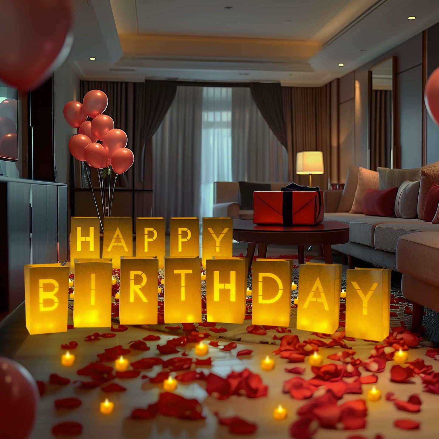 Homemory Happy Birthday Light Up Letters Luminary Bags with Flameless Candles and 2000 Fake Rose Petals, Happy Birthday Banner Sign Party Decoration for Women Men