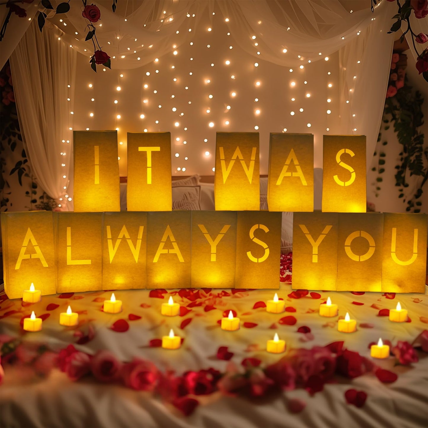 Homemory It was Always You Light Up Letters with Flameless Candles and 2000 Fake Rose Petals, Valentine's Day Luminary Bags Romantic Decorations Special Night for Proposal Wedding Anniversary