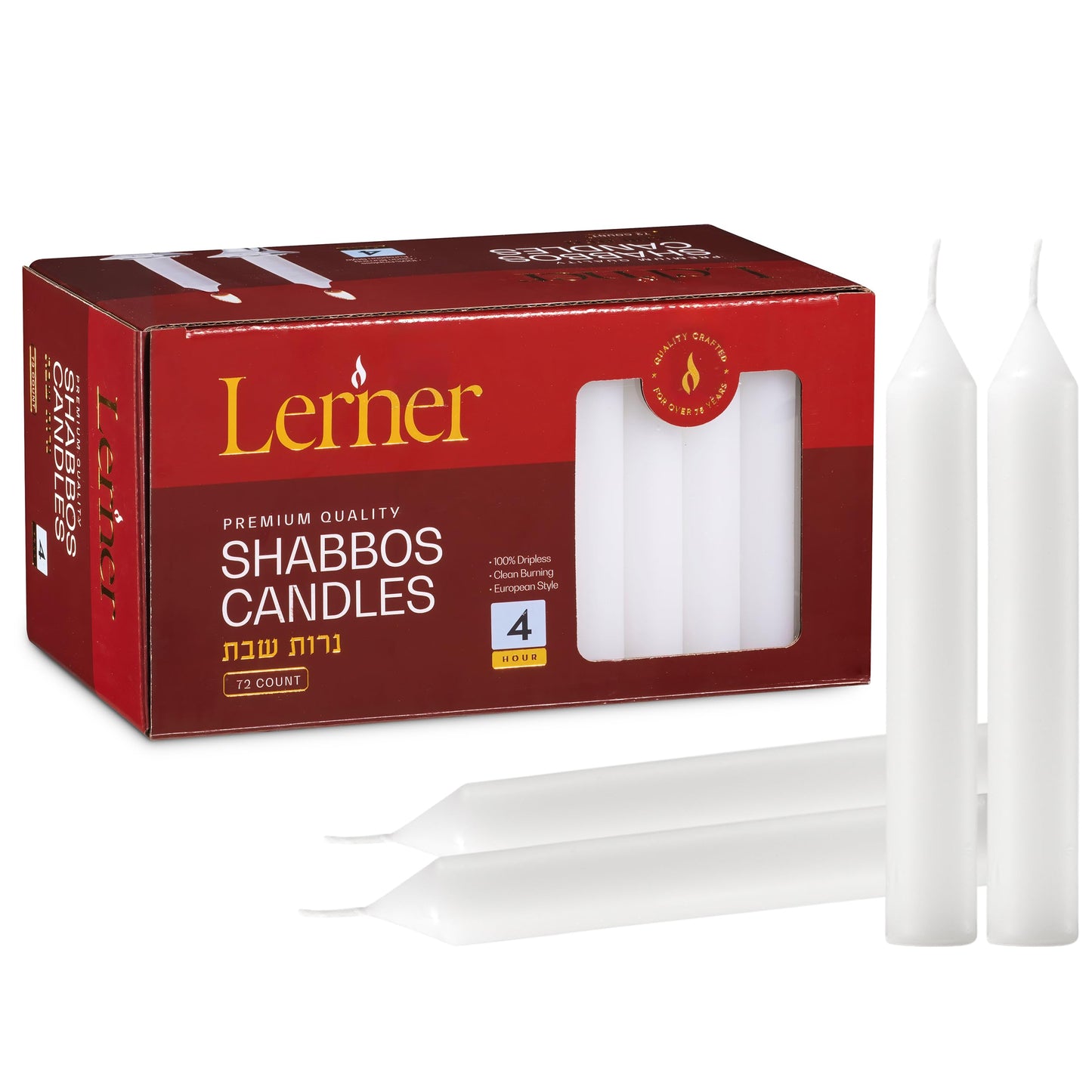 Lerner White Household Candlesticks, Pack of 72 | 4-Hour Burning Time | 5 Inch Tall Dinner Candles | 100% Dripless | Shabbat Candles | Candlesticks for Holidays, Churches, Décor, Emergencies