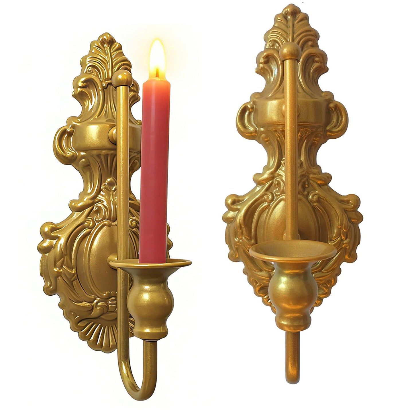Wall Sconce Candle Holder, Metal Wall Mounted Candlestick Holder, Iron Handcrafted Sconce with Vintage Gold Finish for Room, Hallway, Entryway, Bathroom, 2 Pack (A)