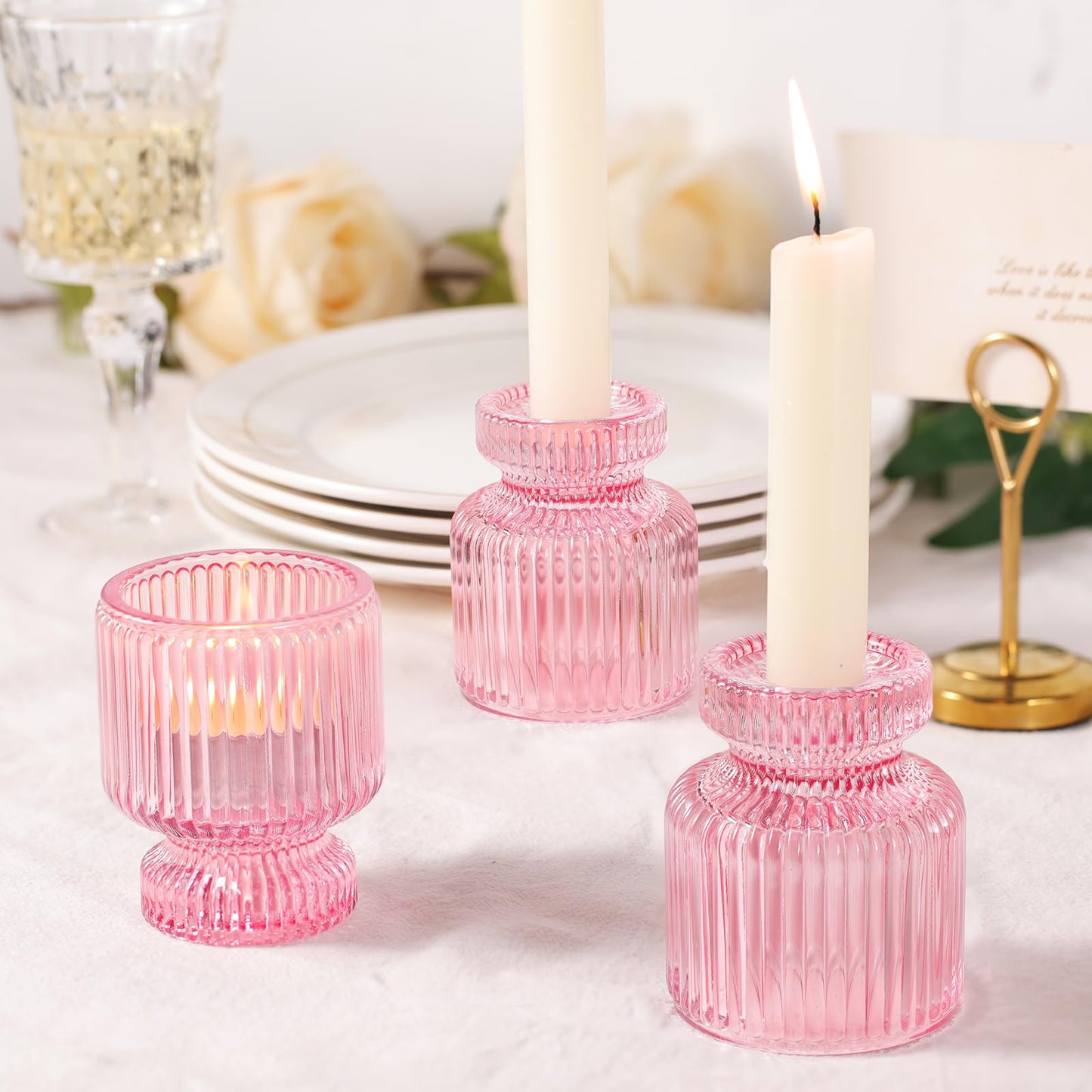 DARJEN 12 Pcs Glass Candlestick Holders- Pink Taper Candlestick Holders Tealight Votive Candle Holders for Table Centerpieces, Wedding, Dinner Party, Home Decor