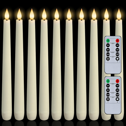 Homemory 12 Pcs Waxy Flameless Taper Candles with Remote, Led Flameless Candlesticks Classic Tall Candle, Flickering Battery Operated Taper Candles for Bedroom, Dining Room, Ivory, 9.6 inches