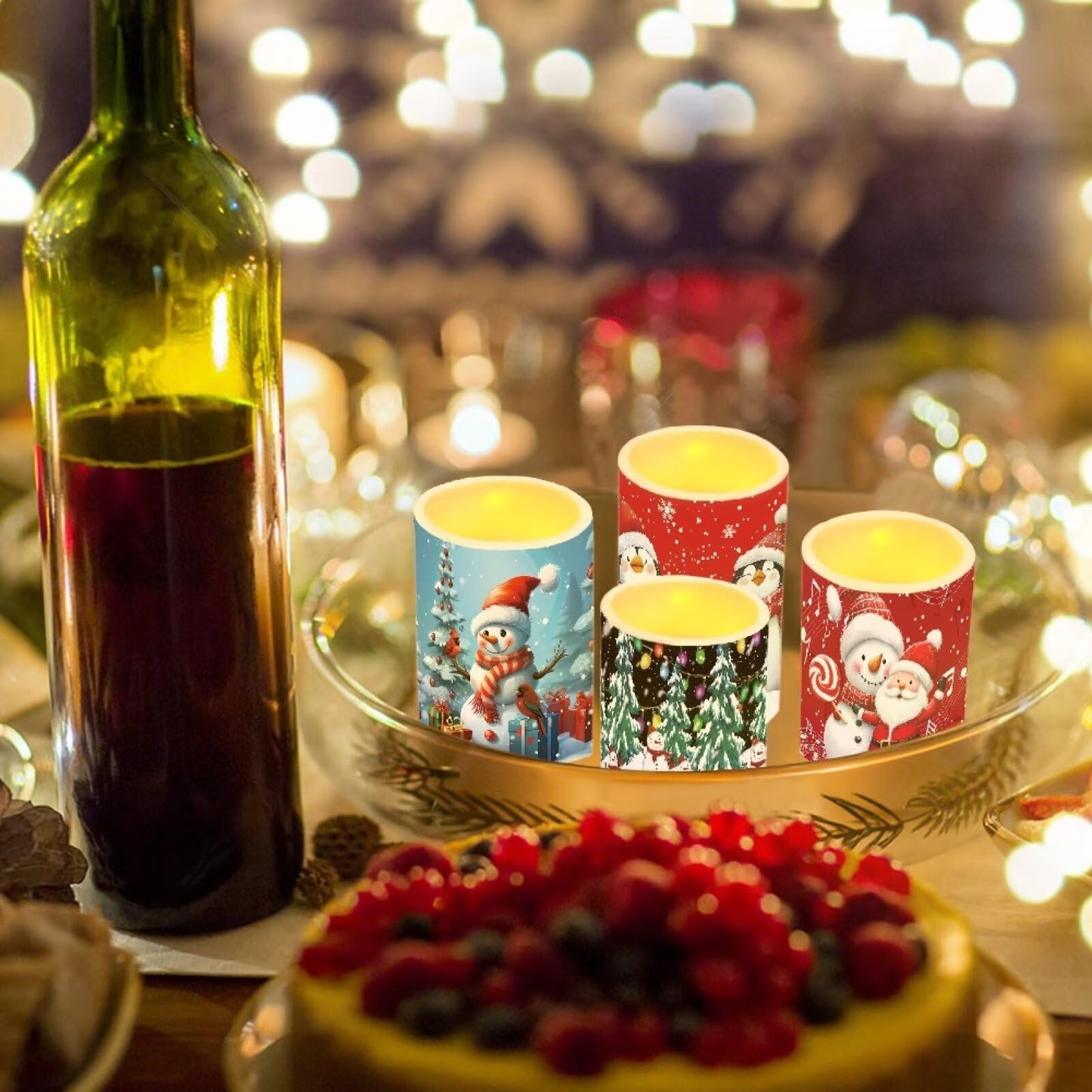 NETILGEN Christmas Day Decorative Flameless LED Candles Set of 4 Electric Candles with Remote Timer Control Color Changing, Santa Claus Snowman Print