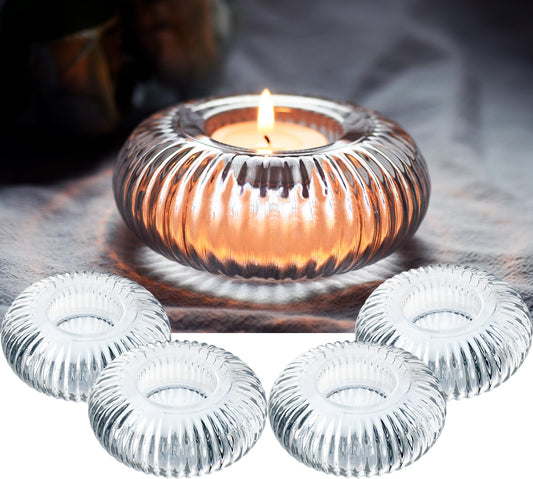 4 pcs Ribbed Clear Glass Tealight Candle Holders - Unique Boss Gifts for Women, for Her, Housewarming Wedding Tablescape Decor