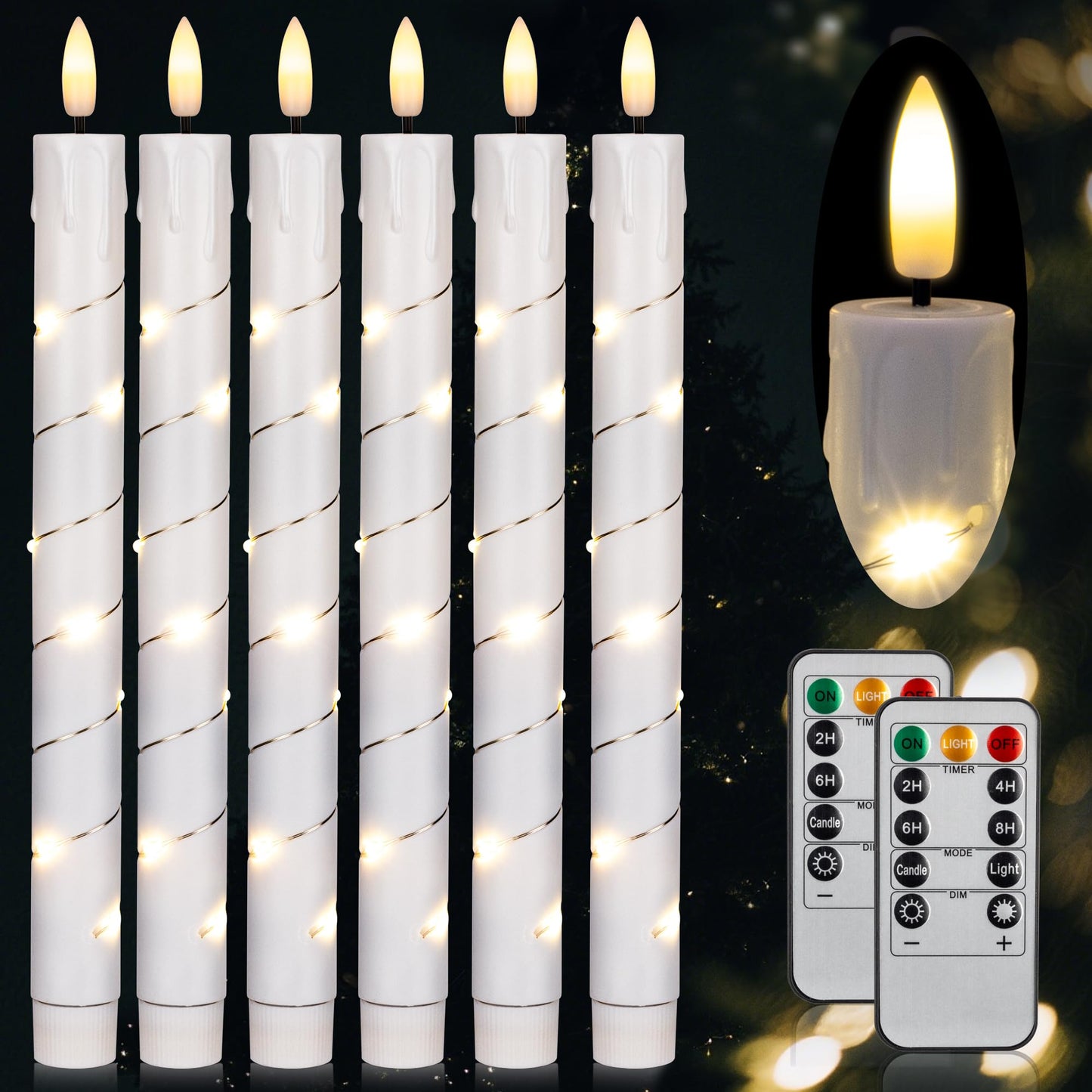 Flameless Taper Candles with Remote for Wedding Decorations，3D Flickering Flame Battery Operated LED Plastic Candles Arounded with Starlight String, Romantic Home Decoration, Pack of 6, White