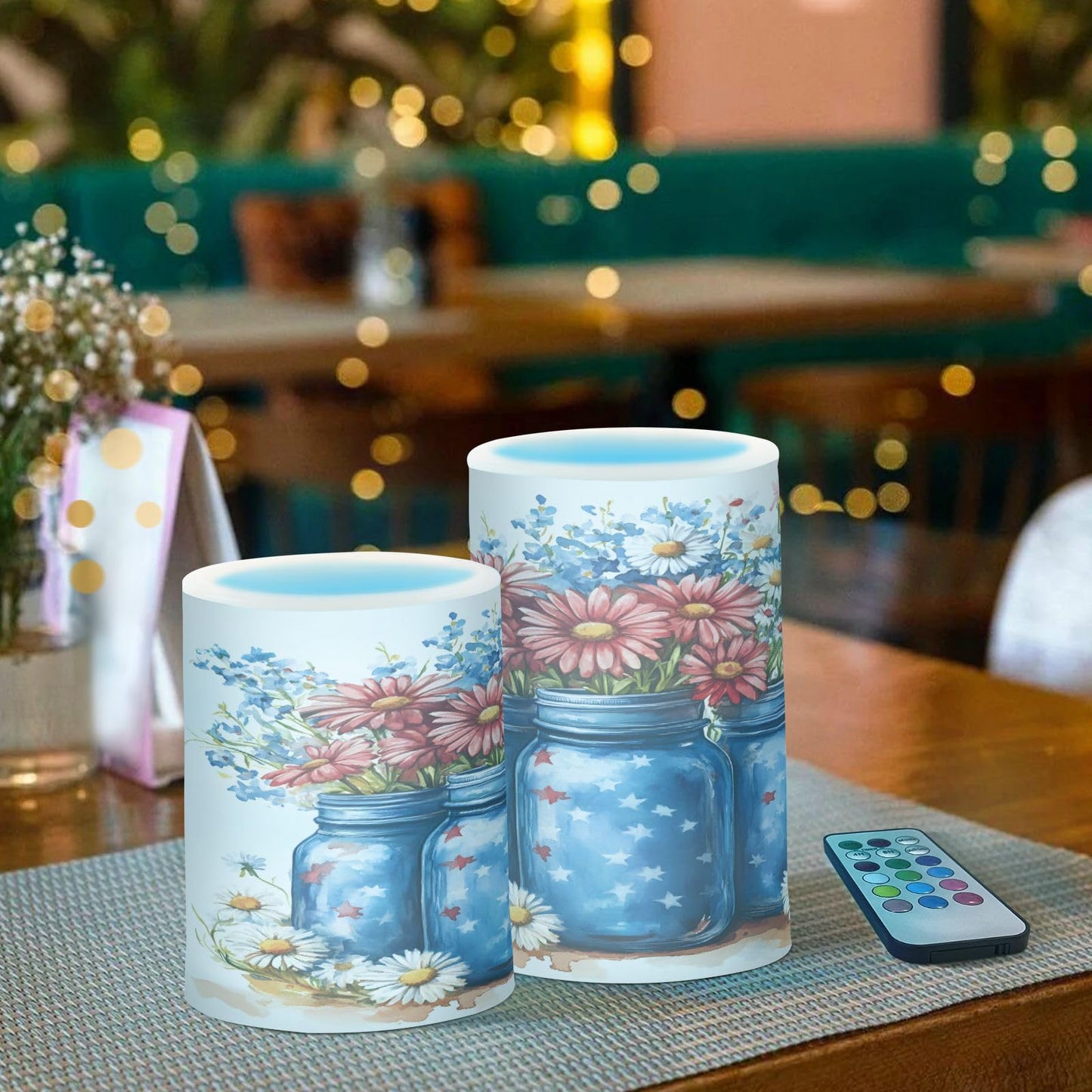 Patriotic Red Blue Flowers Vase American Flag5 Flickering Flameless Candles Battery Operated with Remote Timer,Tea Light Candles LED Pillar Votive Candles set of 2 for Outdoor Indoor Decorations