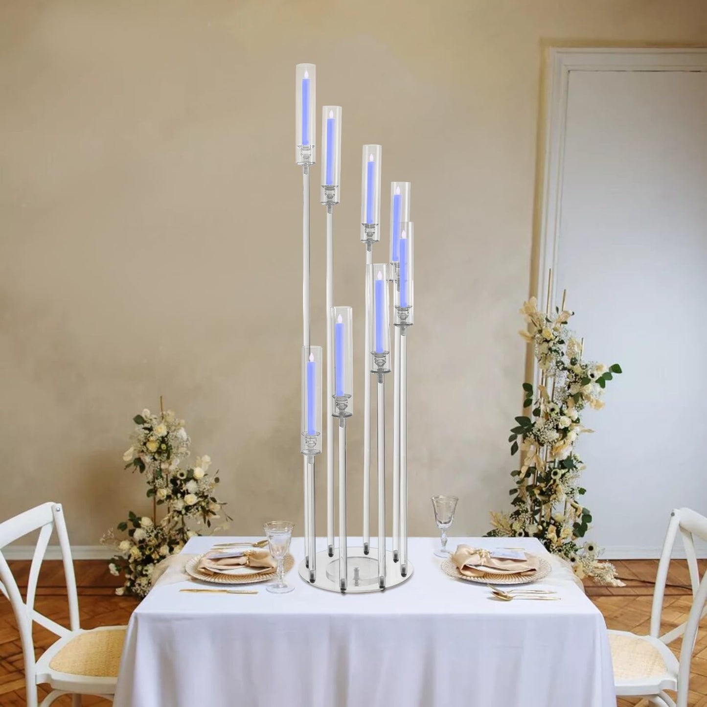 8-Head Candle Holder, Table Candelabra with 8 Arms Centerpieces Decorations, Acrylic Clear Candle Holder, for Weddings, Birthdays, Christmas, Halloween, Party Event, Centerpieces Decorations