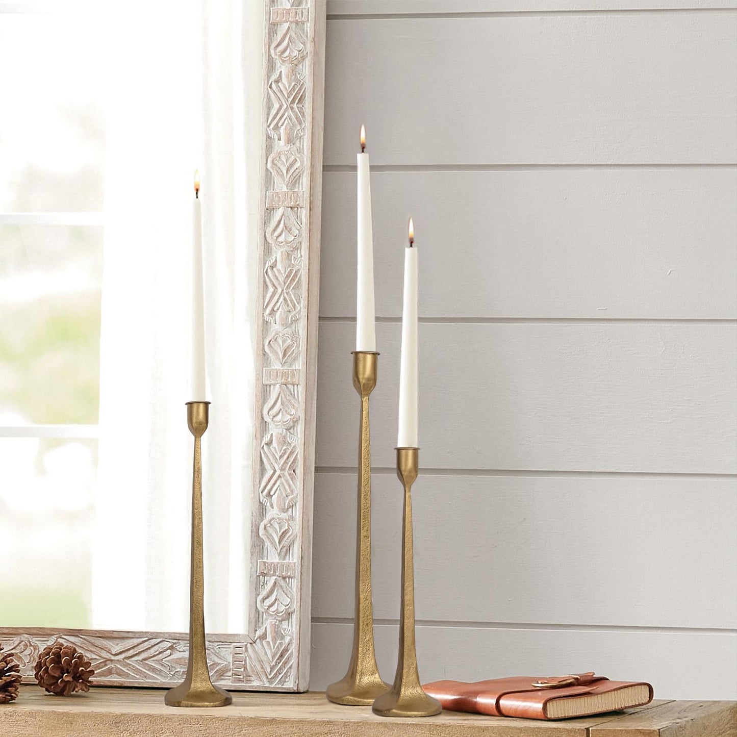 Iron Taper Candle Holder Set of 3 - Decorative Tall Candle Stand, Candlestick Holder for Wedding, Dining Table, Party Decoration (Antique Brass)