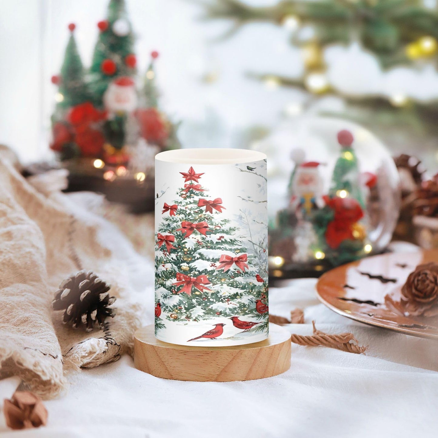 ALAZA Flickering Flameless Candles with Christmas Tree Red Birds Battery Operated with Remote Timer,Tea Light Candles LED Pillar Votive Candles Set of 2 for Outdoor Indoor Decorations