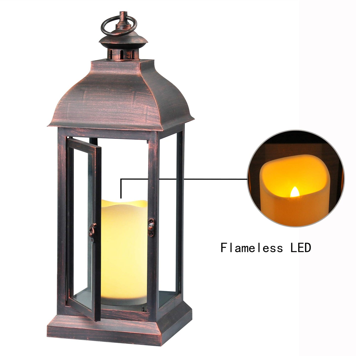 WRalwaysLX 15 inch H The Door-Open Decorative Lantern with flameless LED Candle Light, Outdoor/Indoor LED Lantern, wtith Timer Candle，Plastic with Bronze Undertones.USE 2C Battery(not Include)