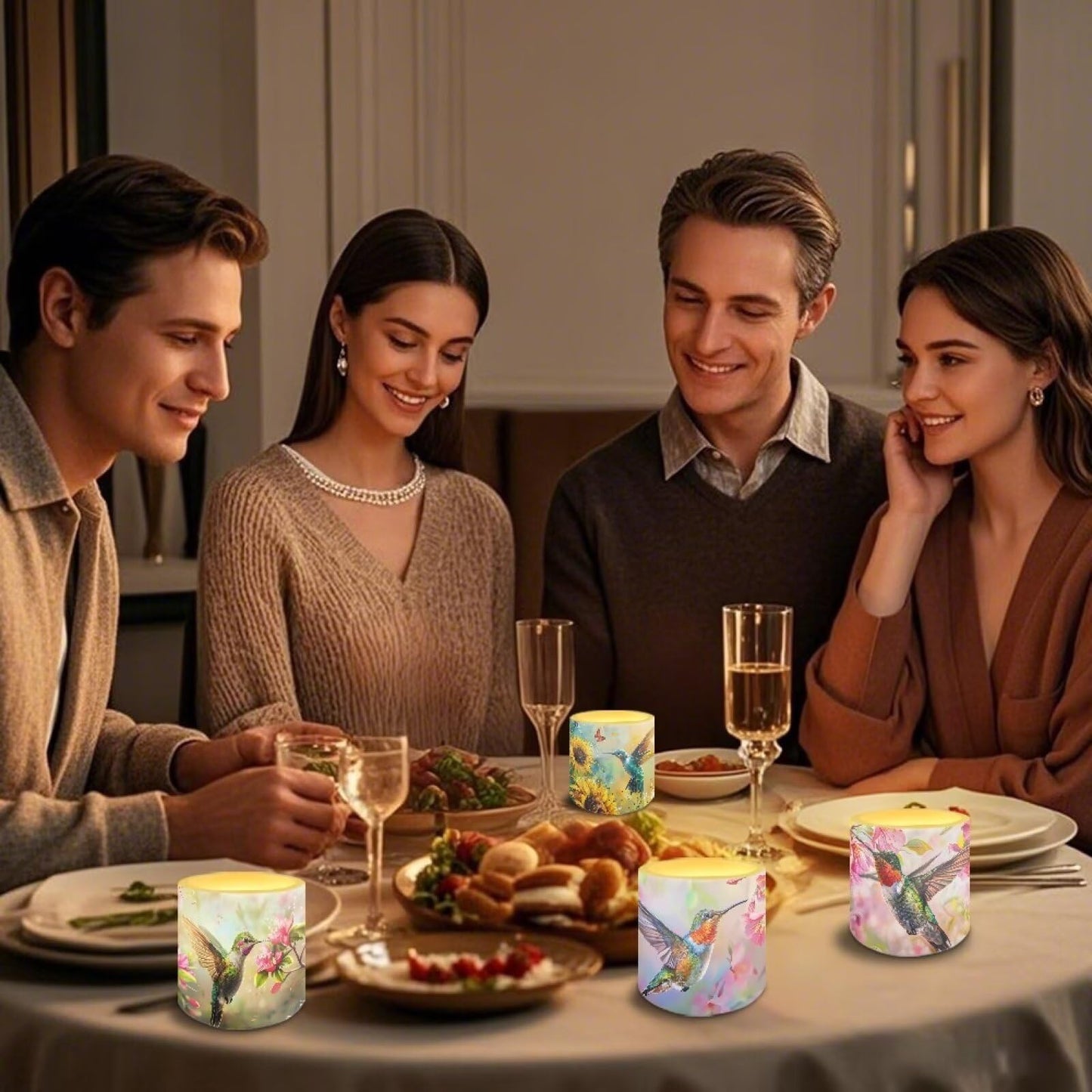 NETILGEN Floral Hummingbird Print Flickering Flameless Candles with Remote Timer Control Pack of 4 Battery Operated LED Pillar Candles 3 inch Flameless LED Candles