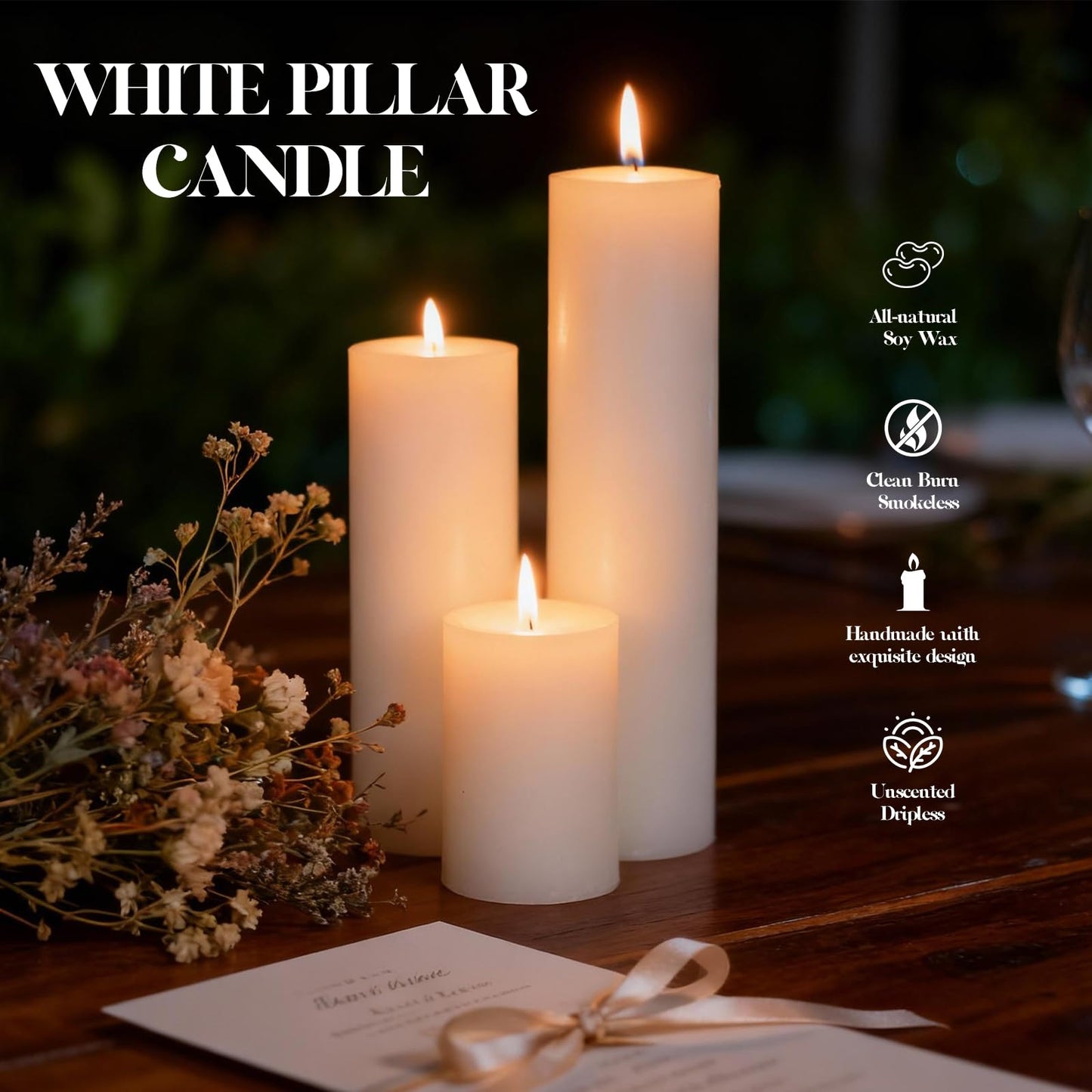 Veiuwa 18 Pcs White Pillar Candles Bulk Set，2x3 2x4 2x6 Inch - 12 Each Size，Hurricane Candles，Dripless Unscented Smokeless，Gives You a Better Atmosphere When Organizing an Event Party.