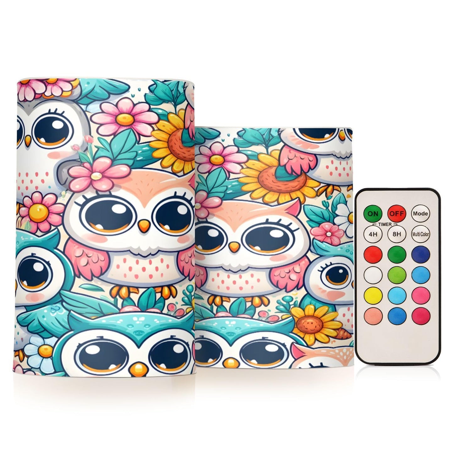 ALAZA Little Cute Owl Flowers Flameless Candles, LED Pillar Candles with Remote Timer, Battery Operated Candles Set of 2