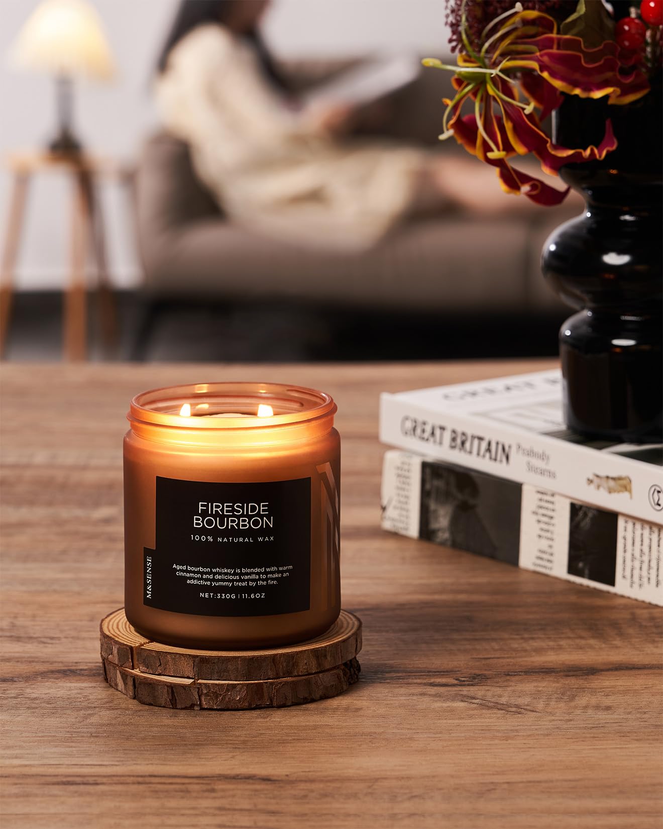 M&SENSE Fireside Bourbon Candles Home Scented, Non Toxic Soy Wax 11.6oz 70 Hours Long Clean Burning, 2 Wick Campfire Candle Cozy Winter Home Decor, Housewarming Gifts for Women Men