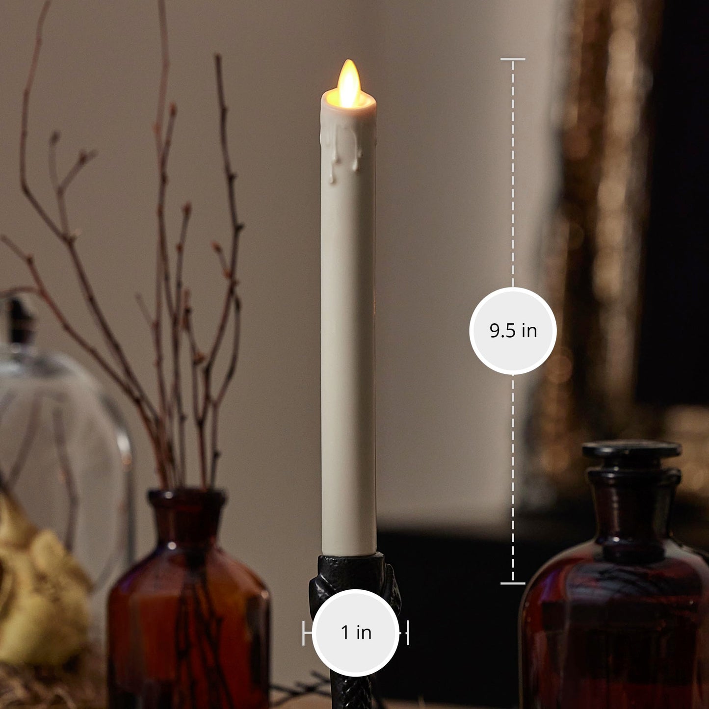 Luminara White Single Wax Drip Flameless Candle Tapers (1 x 9.5 inch), Moving Flame LED Candle Unscented Real Wax with Dripped Top Timer Function, Table, Mantel, Holiday Decoration