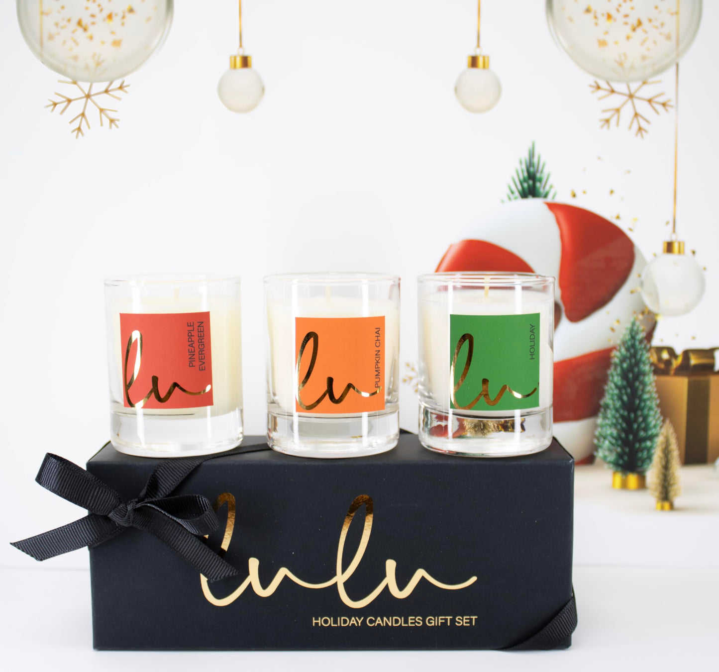 Lulu Candles | Holiday, Pineapple Evergreen, Pumpkin Chai | Luxury Scented Soy Jar Candle | Hand Poured in The USA | Highly Scented (Holiday Gift Set - 3 PC, 2.7 Oz. Votives)