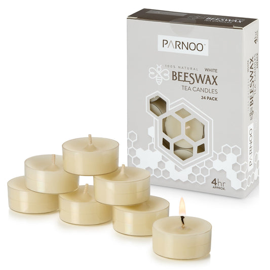 PARNOO 100% Natural White Beeswax Tealight Candles in Clear Plastic Cups, 4 Hours Burn time - Pack of 24