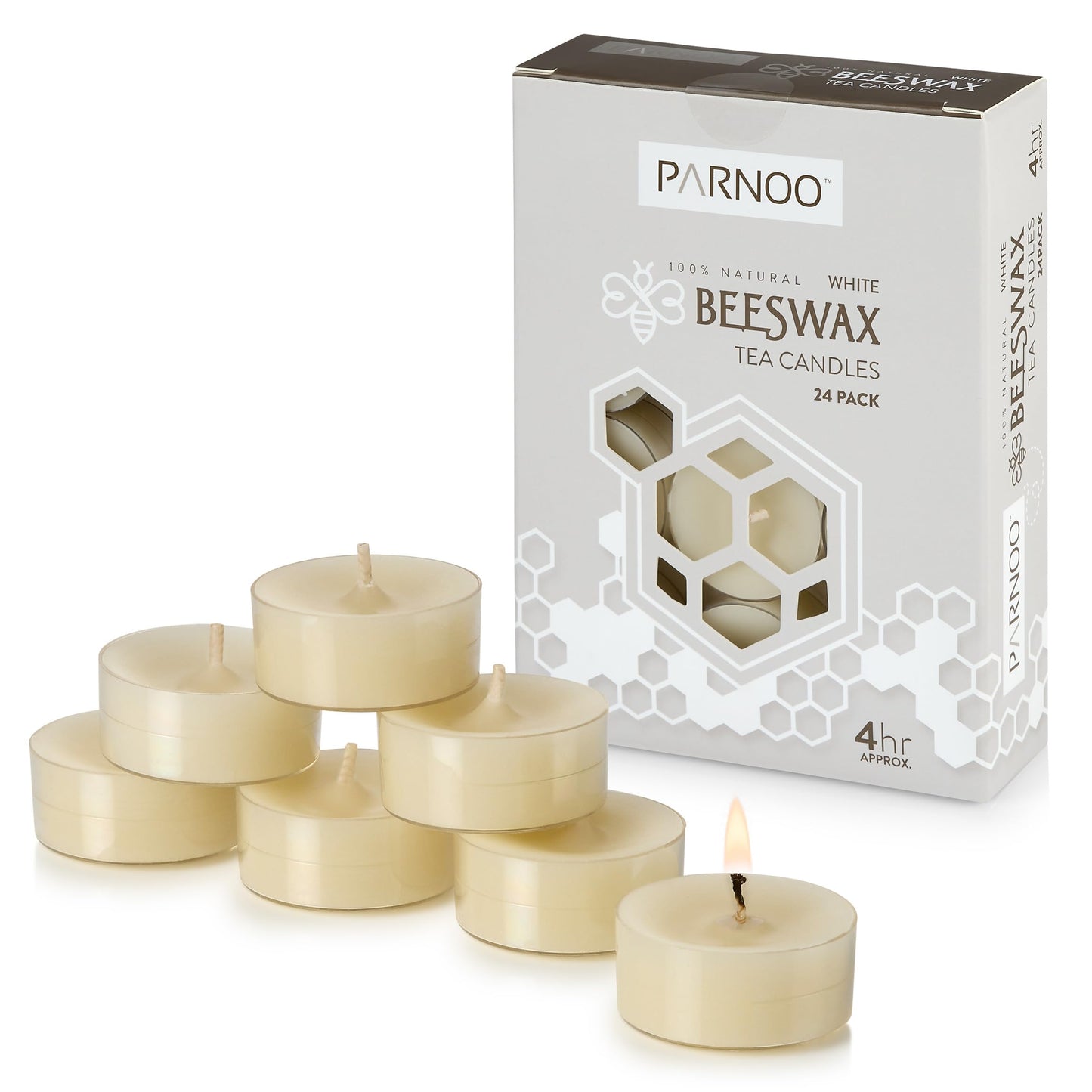 PARNOO 100% Natural White Beeswax Tealight Candles in Clear Plastic Cups, 4 Hours Burn time - Pack of 24