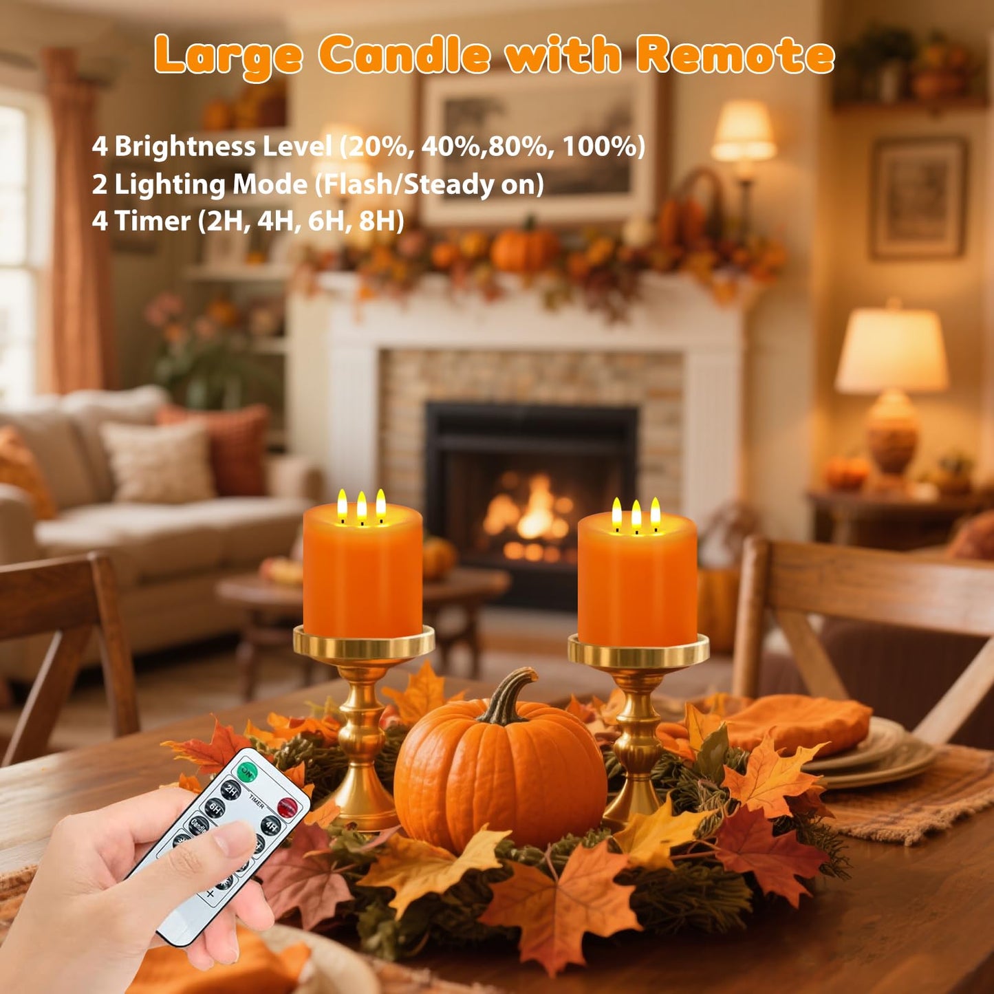 Large 3 Wick Flameless Candles, 4"x4" Flickering LED Candles with Remote & Timer, Dimmable Real Wax Pillar Candles Battery Operated, Orange Candles for Fall Thanksgiving Halloween Decor (Orange)