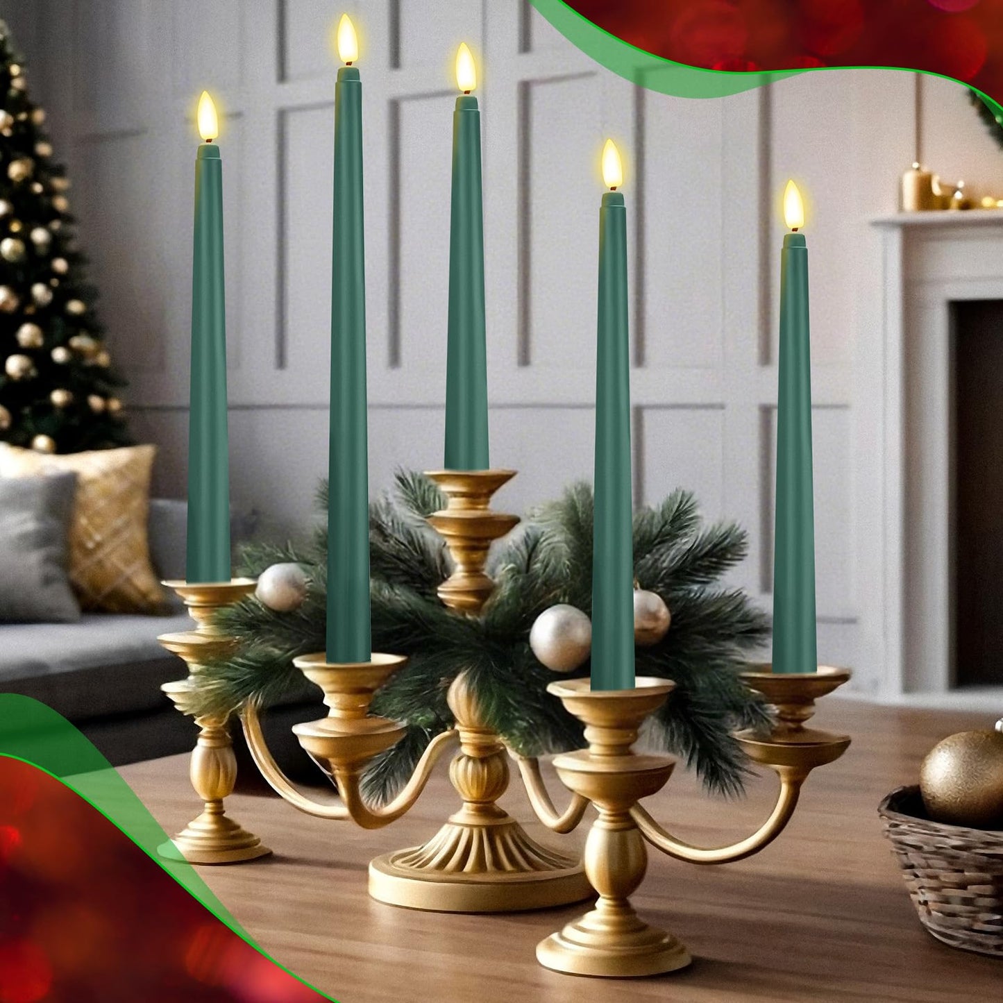 Rossesay 24 Pcs Flameless LED Taper Candles Battery Operated Candle 8.5", 9.65", 10.8", 12.8" Flameless Candlesticks Flickering for Christmas Church Wedding Indoor Decoration(Classic, Green)
