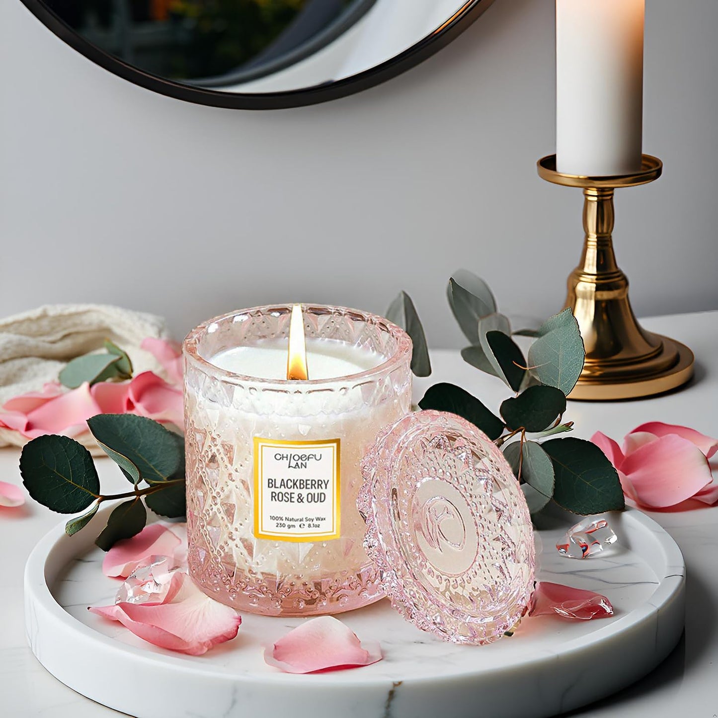 Chloefu LAN Rose Scented Candle, Oud Candle, Mothers Day Candles Gifts for Women, Pink Candles for Home Scented, 55 Hours Long Burning, 100% Natural Soy Wax