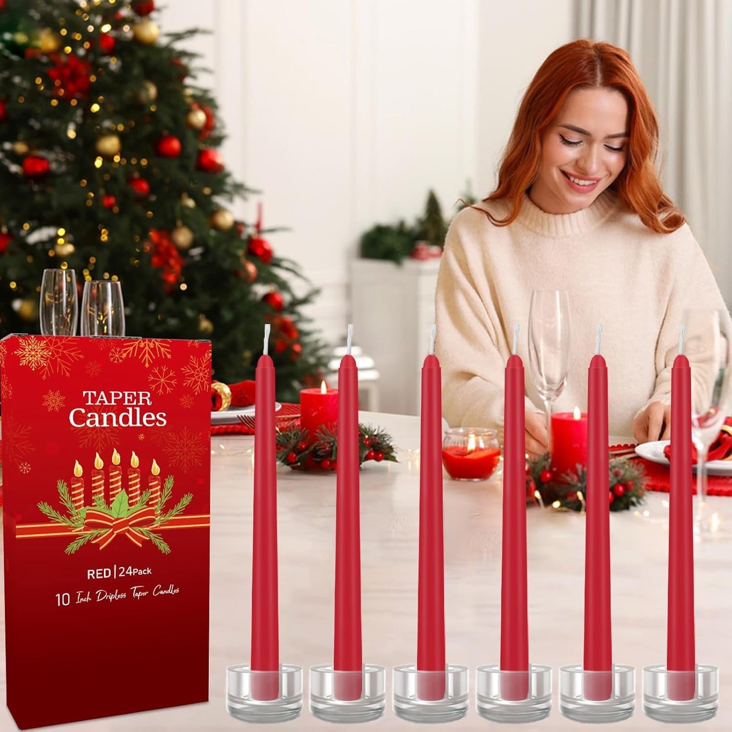 YOROXRG 24 Pack Red Taper Candles, 7-8 Hours Burn Time, Unscented, Smokeless and Dripless, 0.75 x 10 Inch Dinner Candle Set for Christmas,Household, Wedding, Party and Home Décor Candlesticks