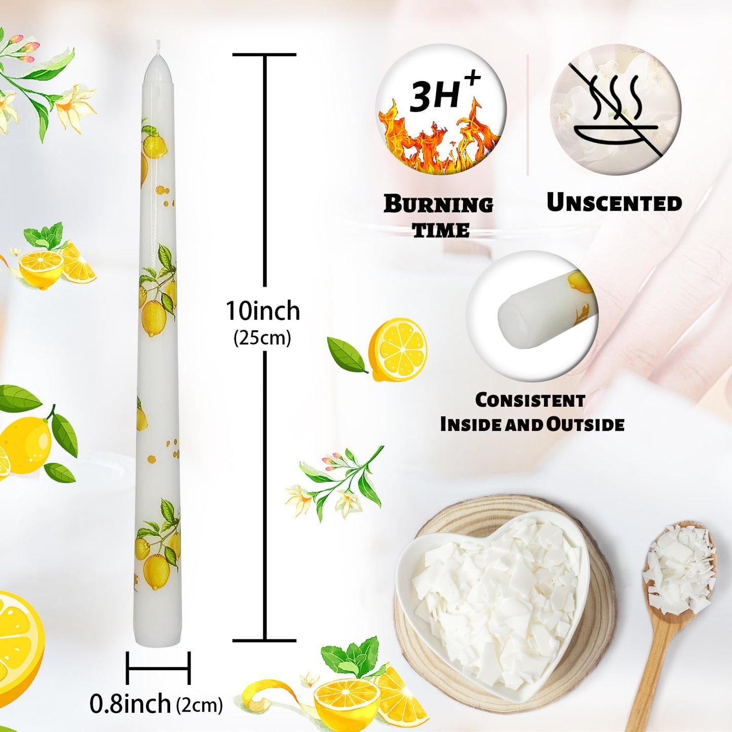Floral Taper Candles 10 Inch Tall Unscented Handmade White Lemon Print Long Burning Elegant Candlesticks for Wedding Dinner Home Decor