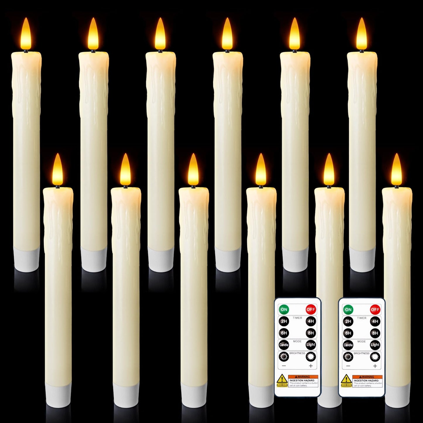 Meigic 7 Inches Dripless Flameless Taper Candles with Remote Timer Dimmer, Real Wax Battery Candlesticks, 3D Flame Fake Candlesticks for Home Wedding Christmas Decor, Ivory, 12 Pcs