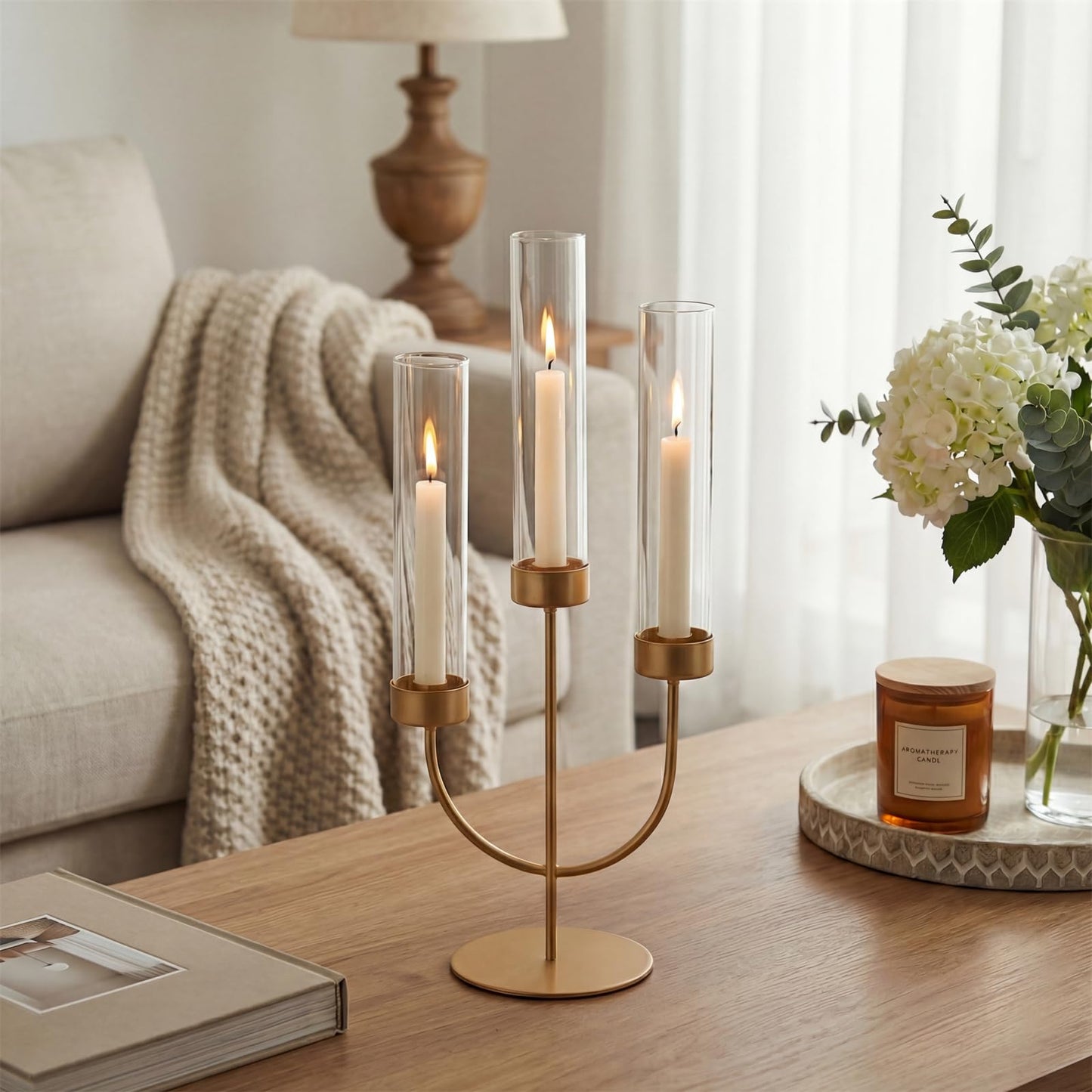 Sziqiqi Candelabra Gold Candlestick Holders: 3 Arm Candelabra Centerpiece with Glass Hurricane for Dining Table Fireplace - Modern Candle Holders for Wedding Christmas