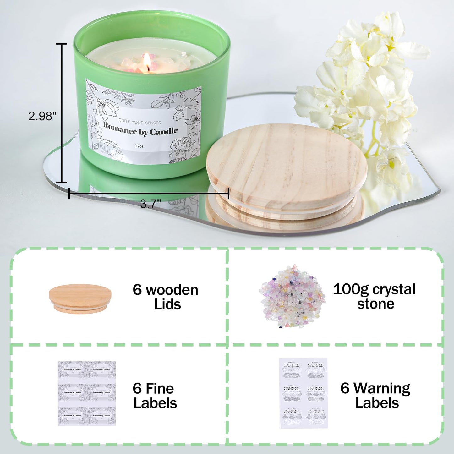 6Pcs Assorted Green Candle Jars for Making Candles, 12oz Empty Candle Jars with Bamboo Lids,Labels and 100g Crystal Rocks, Glass Jars for Candle Making Supplies, Candle Containers for DIY Gifts