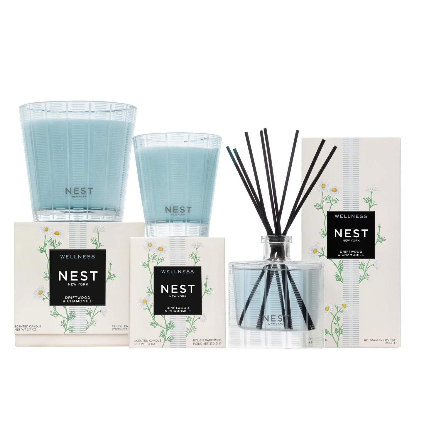 NEST New York Scented 3-Wick Candle, Driftwood & Chamomile - 21.2 oz, Pack of 2 - Up to 100-Hour Burn Time - Reusable Glass Vessel