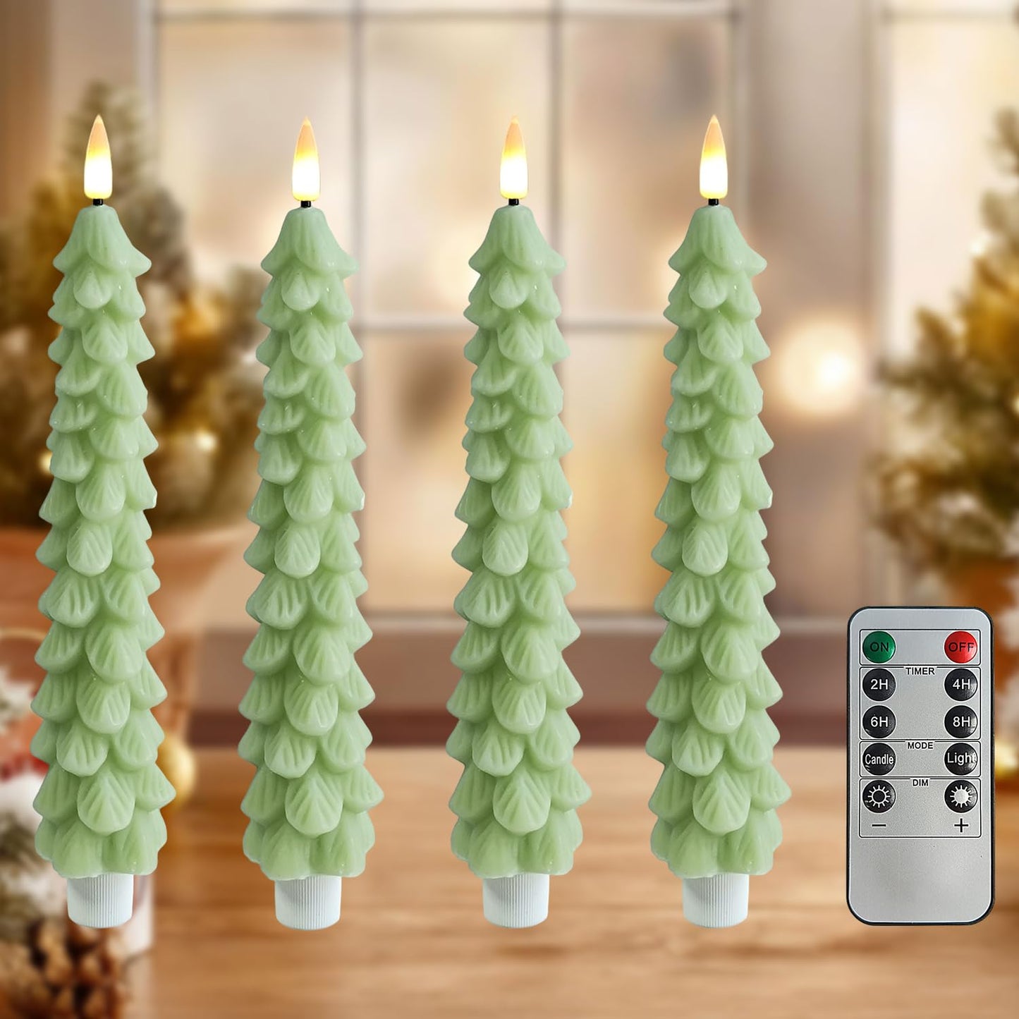 FCMSHAMD Light Green Christmas Trees Flickering Flameless Candles with Remote and Timer, Real Wax 3D Flame Wick LED Candles, 9.8 Inch Battery Operated Candles for Christmas Home Decoration，4PCS