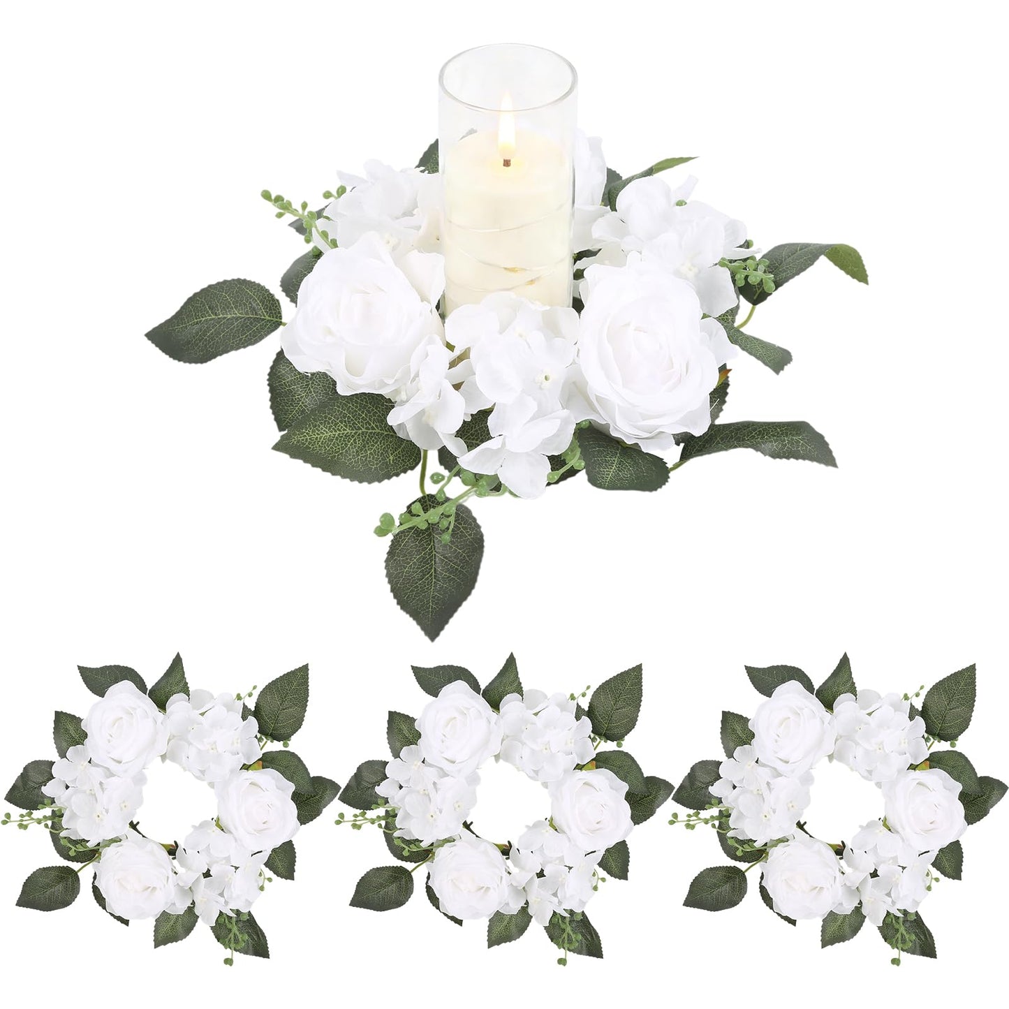 UUXX White Artificial Flowers Candle Rings Wreaths for Pillars, 4pcs Silk Roses Hydrangea Floral Candle Wreaths Rings for Table Centerpieces Wedding Valentine's Day Party Decor (White)