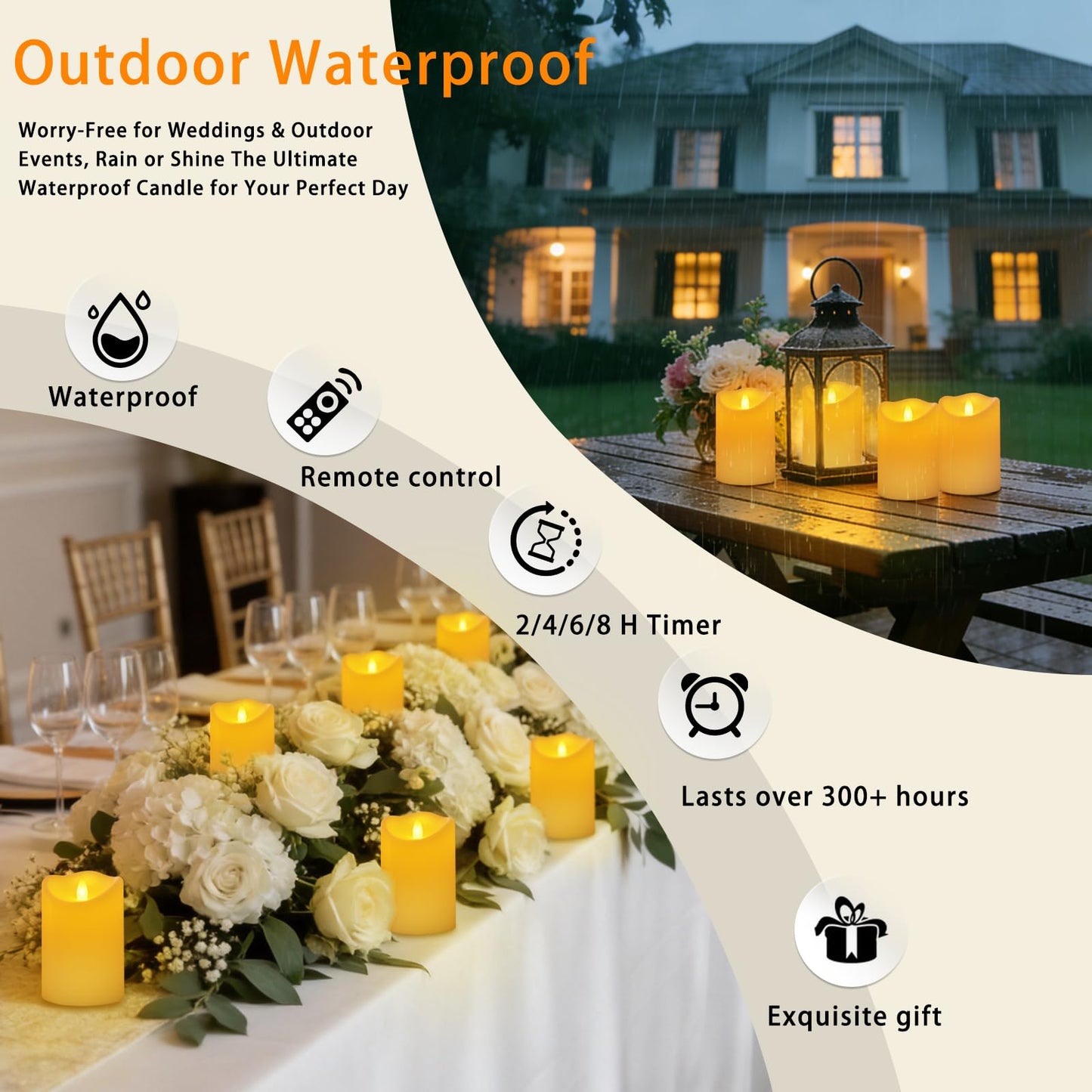 Haown Outdoor Flameless Candles, Patented 3D Dual-LED, Set of 2 Slanted Plastic Pillars with Remote, Waterproof Non-Melting Battery Operated Decor for Bathroom Bedroom Gift, Ivory (D3 x H6)