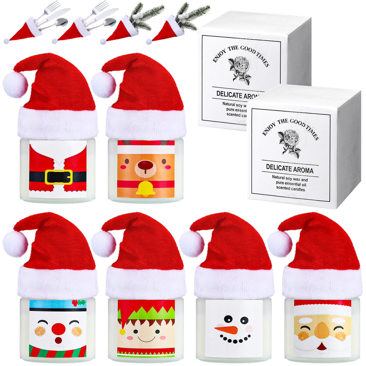 Conelist 12 Pack Christmas Scented Candles Jar Set Include 6 Pcs 7oz Aromatherapy Soy Wax Candles and 6 Pcs Mini Xmas Santa Hat Holiday Table Centerpieces Gifts for Women Men Relaxing Spa