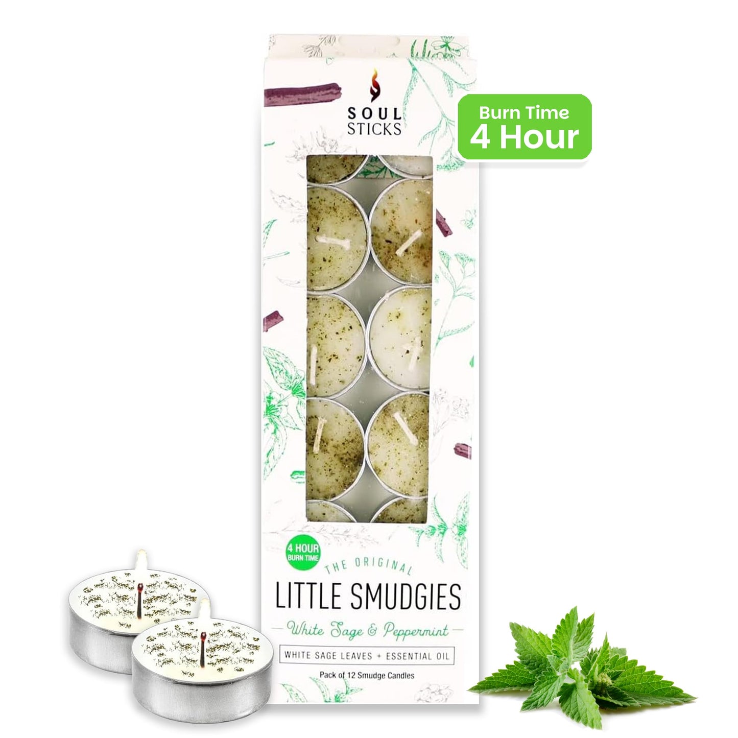 SOUL STICKS 12 Pack Little Smudgies Tealight Candles Smudge Candle for Cleansing House, Meditation, Chakra Healing | Made with Crystals and Herbs (White Sage & Peppermint)